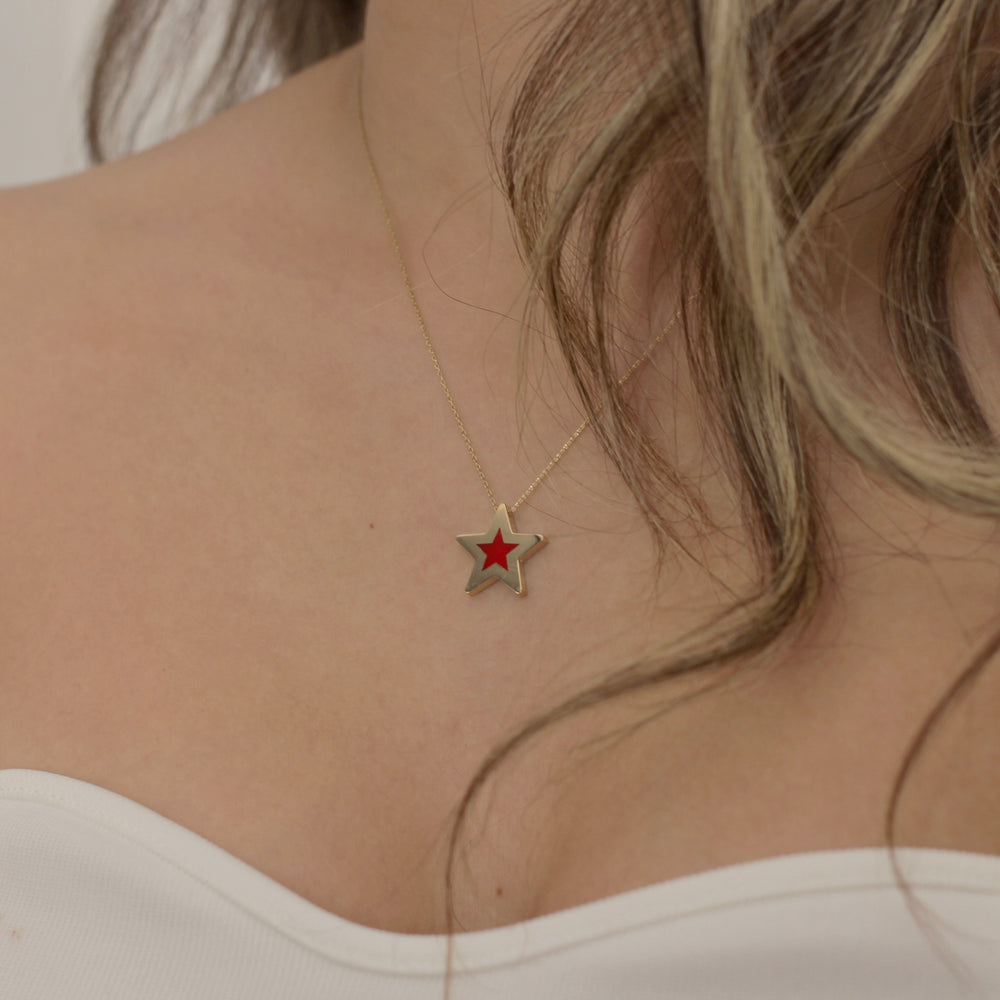 14K Solid Gold Red Minimalist Star Necklace