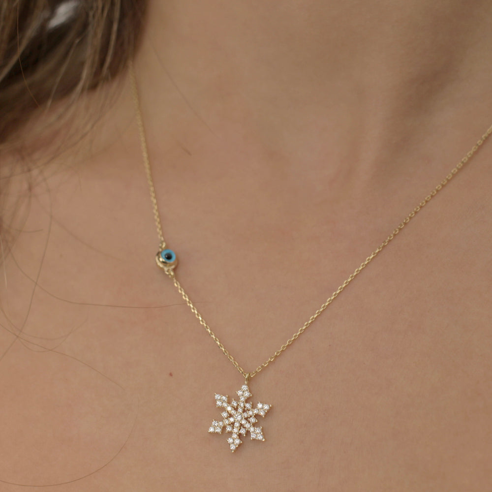 14K Solid Gold Snowflake With Stones Necklace