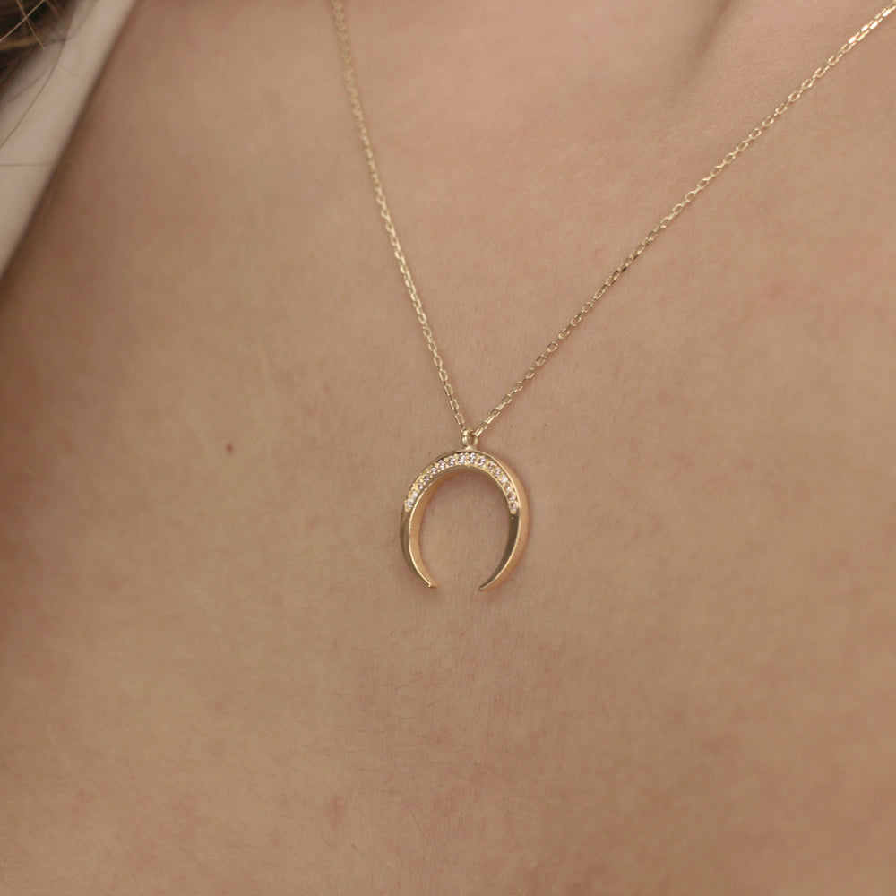 14K Solid Gold Crescent Half Moon Necklace